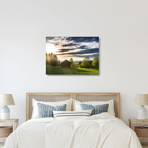 Staklena slika vikendice na livadi (70x50 cm)