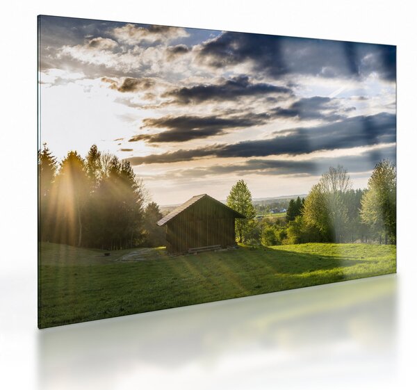 Staklena slika vikendice na livadi (70x50 cm)