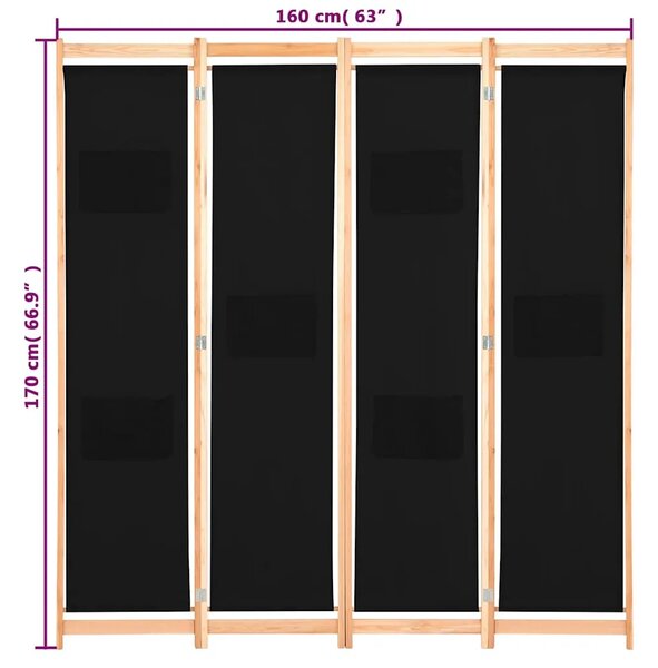 Paravan - Sobna pregrada s 4 panela od tkanine 160 x 170 x 4 cm crna - Crna 4 1 Crna