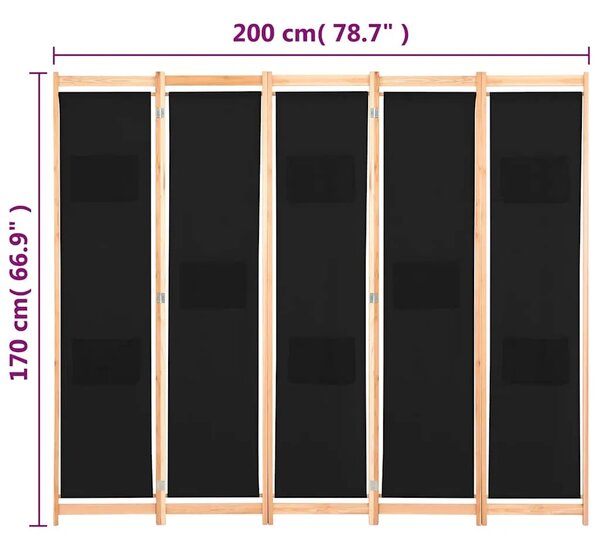 Paravan - Sobna pregrada s 5 panela od tkanine 200 x 170 x 4 cm crna - Crna 5 1 Crna