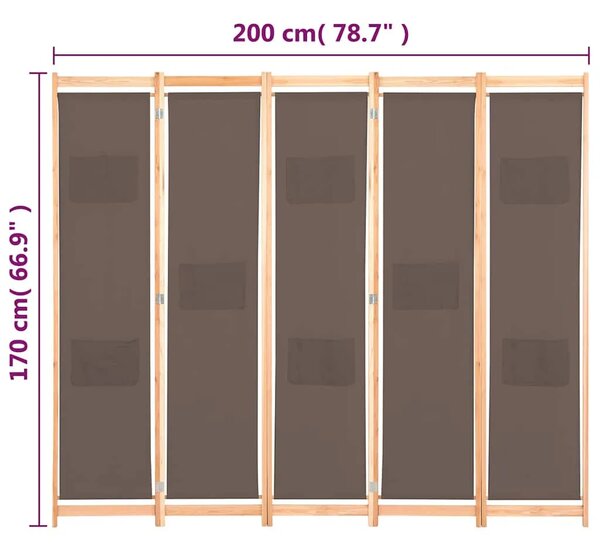 Paravan - Sobna pregrada s 5 panela od tkanine 200 x 170 x 4 cm smeđa - Smeđa 5 1 Smeđa