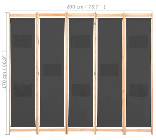 Paravan - Sobna pregrada s 5 panela od tkanine 200 x 170 x 4 cm siva - Siva 5 1 Siva