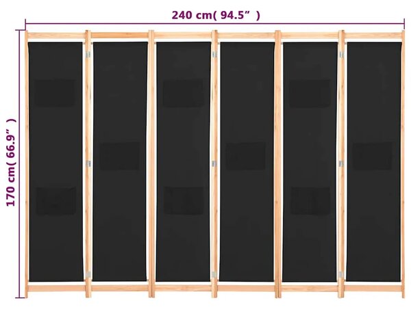 Paravan - Sobna pregrada sa 6 panela od tkanine 240 x 170 x 4 cm crna - Crna 6 1 Crna