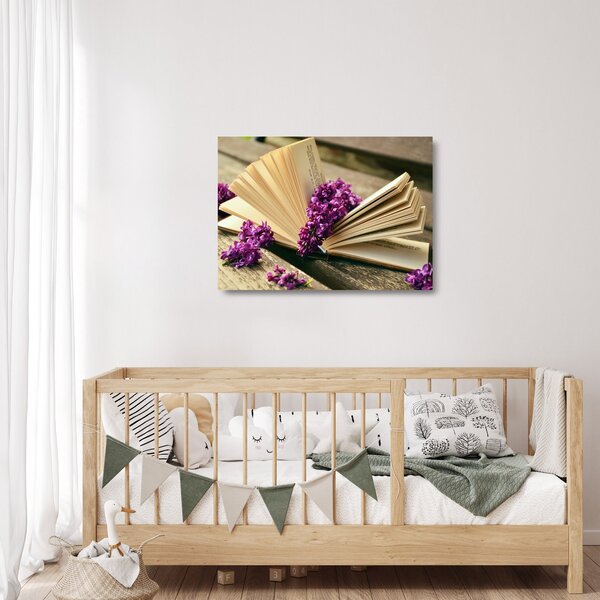 Staklena slika knjige i ljubičastog cvijeća (70x50 cm)