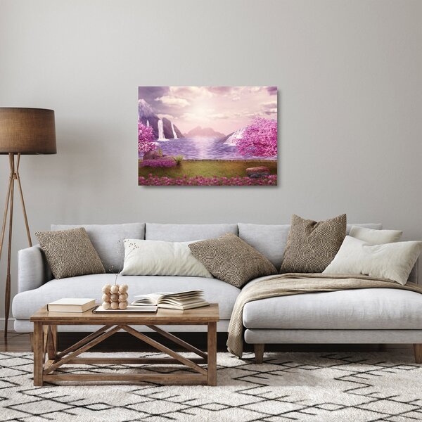 Staklena slika ružičastih stabala s jezerom (70x50 cm)