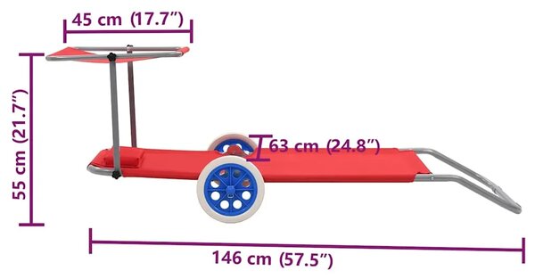 Sklopiva ležaljka za sunčanje s krovom i kotačima crvena čelik - Crvena 1 Crvena
