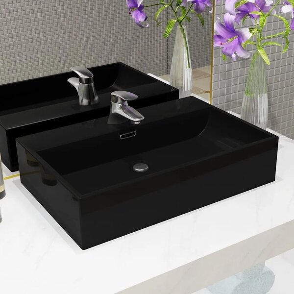 Lavabo - Umivaonik s otvorom za slavinu keramički crni 76 x 42 5 x 14 5 cm - Crna 76 x 42.5 x 14.5 cm Crna 76 x 42.5 x 14.5 cm