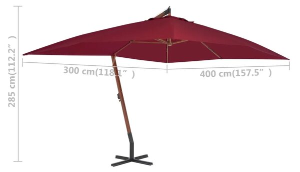 Konzolni vrtni suncobran s drvenim stupom 400 x 300 cm bordo - Crvena 1 Crvena