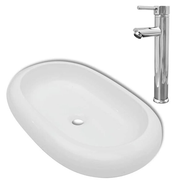 Lavabo - Umivaonik s miješalicom keramički ovalni bijeli - 630 x 420 x 120 mm 630 x 420 x 120 mm