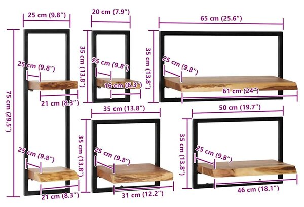 5-dijelni set zidnih polica od masivnog drva bagrema i čelika - 21 x 25 x 75 cm 5 1 21 x 25 x 75 cm