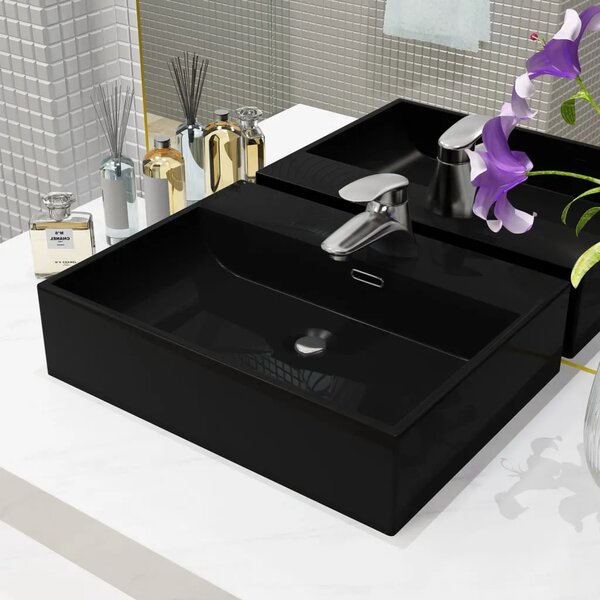 Lavabo - Umivaonik s otvorom za slavinu keramički crni 51 5 x 38 5 x 15 cm - Crna 51.5 x 38.5 x 15 cm Crna 51.5 x 38.5 x 15 cm