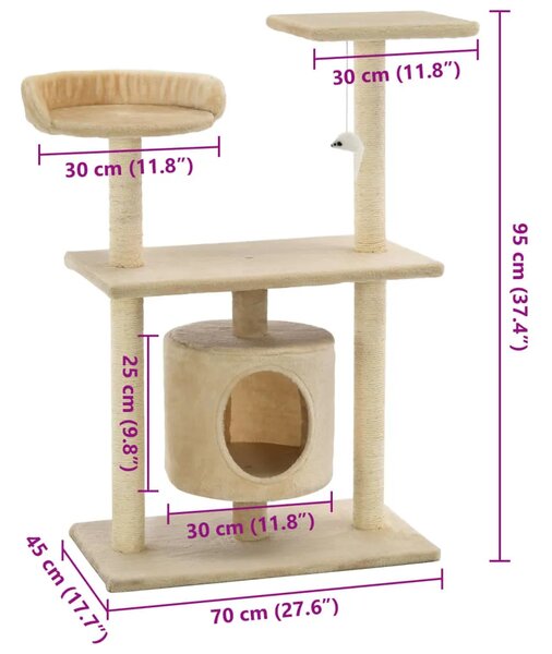 Penjalica za mačke - Kuća za mačke - Grebalica sa stupovima za grebanje od sisala 95 cm bež - Bež 95 cm Bež