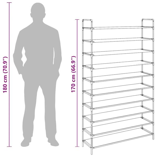 Stalak za cipele s 10 polica od metala i netkane tkanine crni - Crna 100 x 29.5 x 170 cm 1 1
