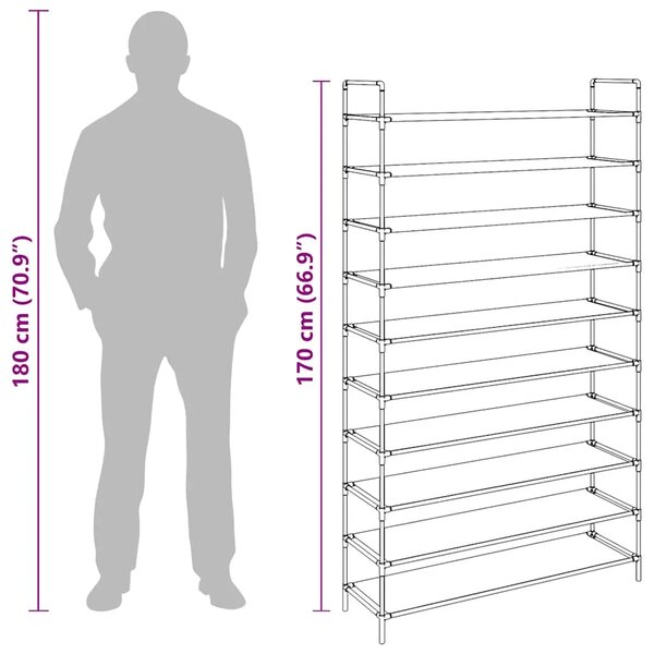 Stalak za cipele 10 polica od metala i netkane tkanine srebrni - Srebrno 100 x 29.5 x 170 cm 1 1