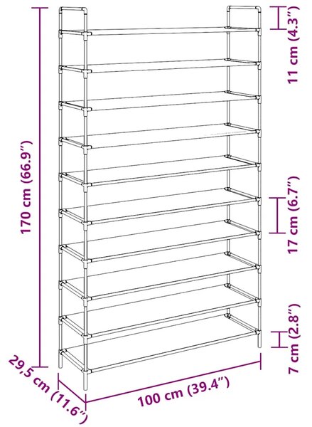 Stalak za cipele 10 polica od metala i netkane tkanine srebrni - Srebrno 100 x 29.5 x 170 cm 1 1