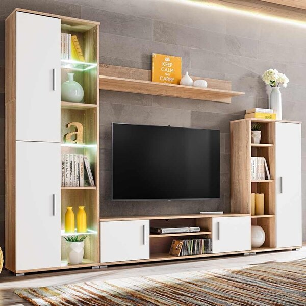 Zidni TV element s LED svjetlima boja hrasta sonome i bijela - Boja hrasta i bijela 1 Boja hrasta i bijela