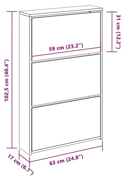 Ormarić za cipele 3 razine s ogledalom hrast 63 x 17 x 102 5 cm - Boja hrasta 1 102.5 cm 1