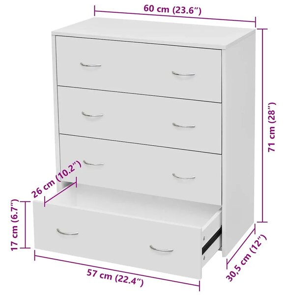 Komoda s 4 ladice 60 x 30 5 x 71 cm bijele - Bijela 1 Bijela