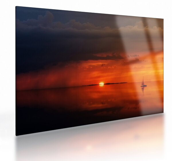 Staklena slika zalaska sunca s jedrilicom (70x50 cm)
