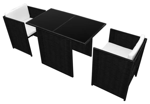 3-dijelni bistro set od poliratana s jastucima crni - Crna 3 Crna