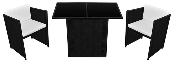 3-dijelni bistro set od poliratana s jastucima crni - Crna 3 Crna