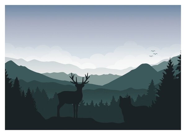 Slika - Jelen z volkom v skalah (70x50 cm)