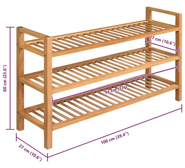 Stalak za obuću s 3 police 100x27x60 cm od masivne hrastovine - 1 60 cm 100 cm 1