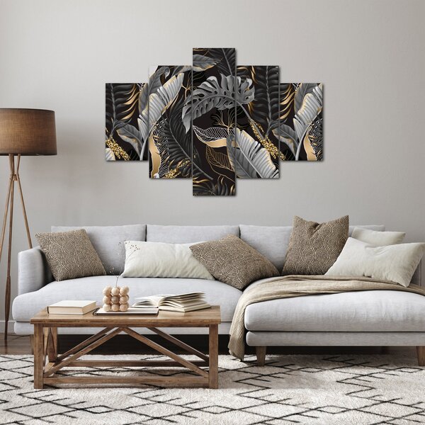 Slika - Tropski listi v črni in zlati barvi (150x105 cm)
