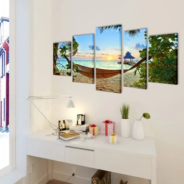 Zidne Slike na Platnu s Printom Plaže i Viseće Mreže 100 x 50 cm - 100 x 50 cm 1 Pješčana plaža s hamakom 100 x 50 cm