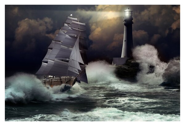 Slika - Ladja, ki pluje skozi nevihtne valove (90x60 cm)
