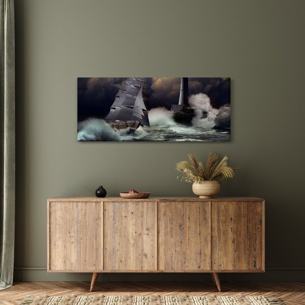 Slika - Ladja, ki pluje skozi nevihtne valove (120x50 cm)