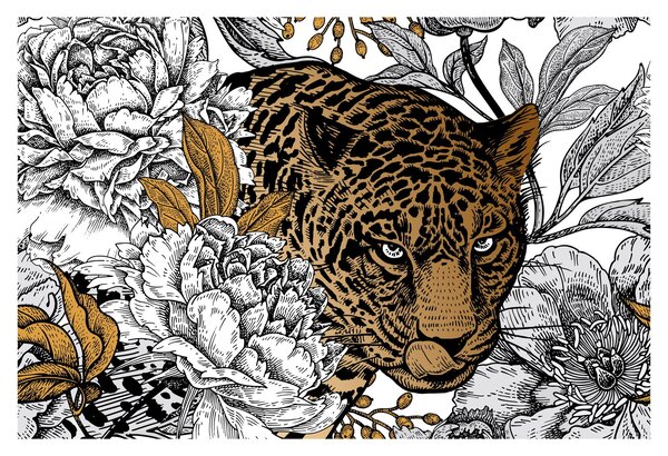 Slika - Leopard med rožami (90x60 cm)