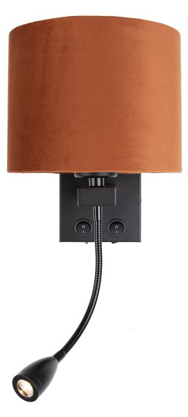 Wandlamp zwart met flexarm en kap oranje met gouden binnenkant 18cm - Brescia Combi