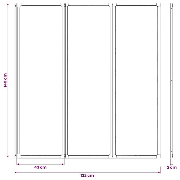 Sklopivi paravan za kadu - Pregrada za kadu u 3 dijela 141 x 132 cm - Bijela 132 x 140 cm Matirano 132 x 140 cm