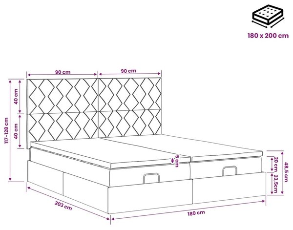 Podesivi krevet s madracem 2 kom. Svjetlosiva Baršun - Svjetlosiva 180 x 200 cm Dizajn s rombovima