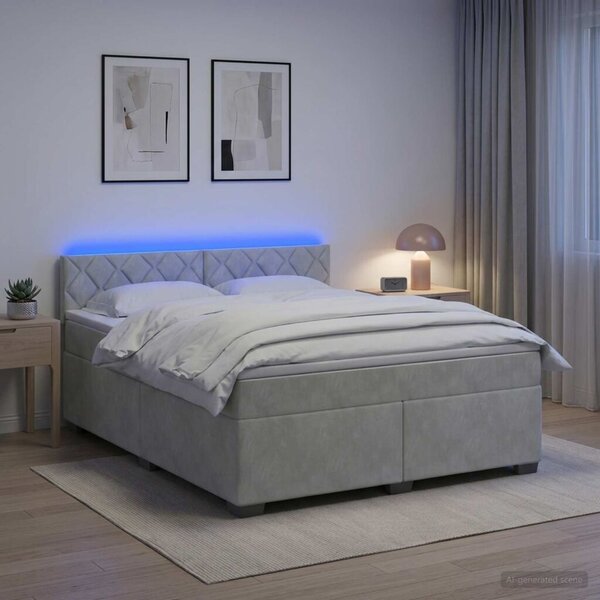 Krevet s box springom madracem i LED-om Svjetlosiva Baršun - Svjetlosiva 180 x 200 cm Dizajn s rombovima