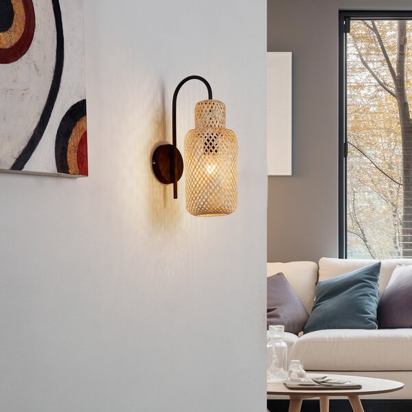 Lindby zidna lampa Venora, visina 43 cm, crna, drvo, bambus, prigušiva, Drvo, Dnevni boravak/blagovaonica, Bambus