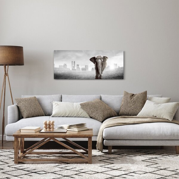 Slika - Sloni v velemestu, črno-bela različica (120x50 cm)