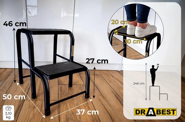 Čelična stepenica s 2 stepenice nosivosti 150 kg - crna