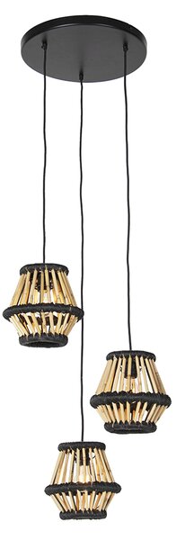 Orijentalna viseća lampa od bambusa s crnim okruglim 3 svjetla - Evalin
