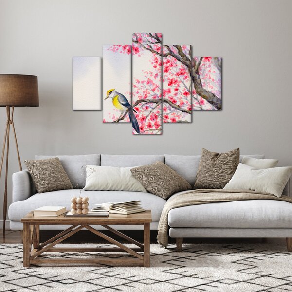 Slika - Ptica na drevesu z rdečimi cvetovi (150x105 cm)
