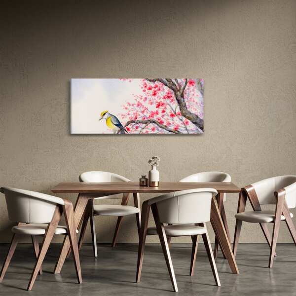 Slika - Ptica na drevesu z rdečimi cvetovi (120x50 cm)