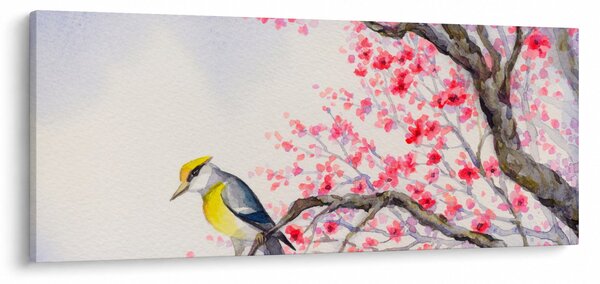 Slika - Ptica na drevesu z rdečimi cvetovi (120x50 cm)