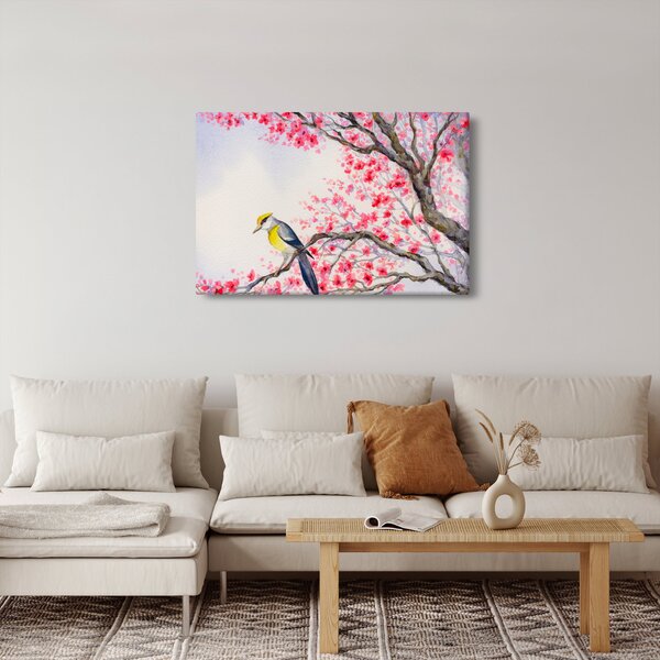 Slika - Ptica na drevesu z rdečimi cvetovi (90x60 cm)