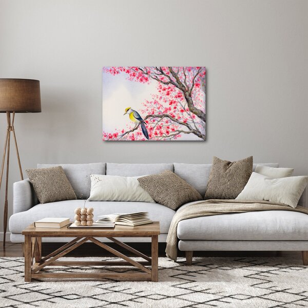 Slika - Ptica na drevesu z rdečimi cvetovi (70x50 cm)