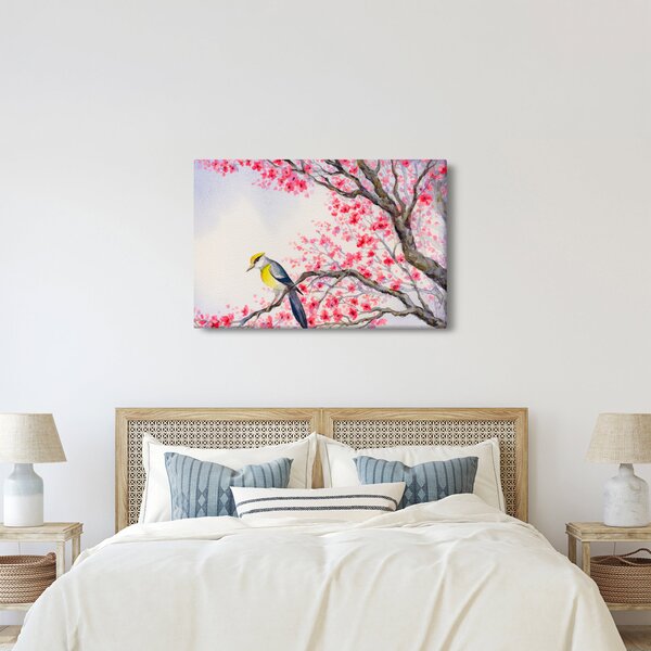 Slika - Ptica na drevesu z rdečimi cvetovi (90x60 cm)