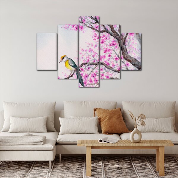 Slika - Ptica na drevesu z rožnatimi cvetovi (150x105 cm)