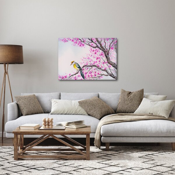 Slika - Ptica na drevesu z rožnatimi cvetovi (70x50 cm)