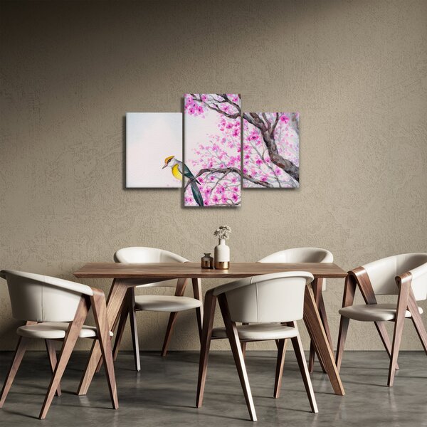 Slika - Ptica na drevesu z rožnatimi cvetovi (90x60 cm)
