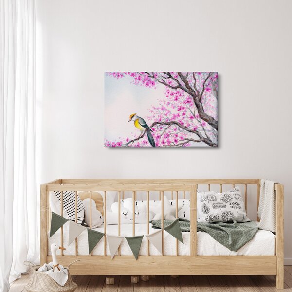 Slika - Ptica na drevesu z rožnatimi cvetovi (90x60 cm)